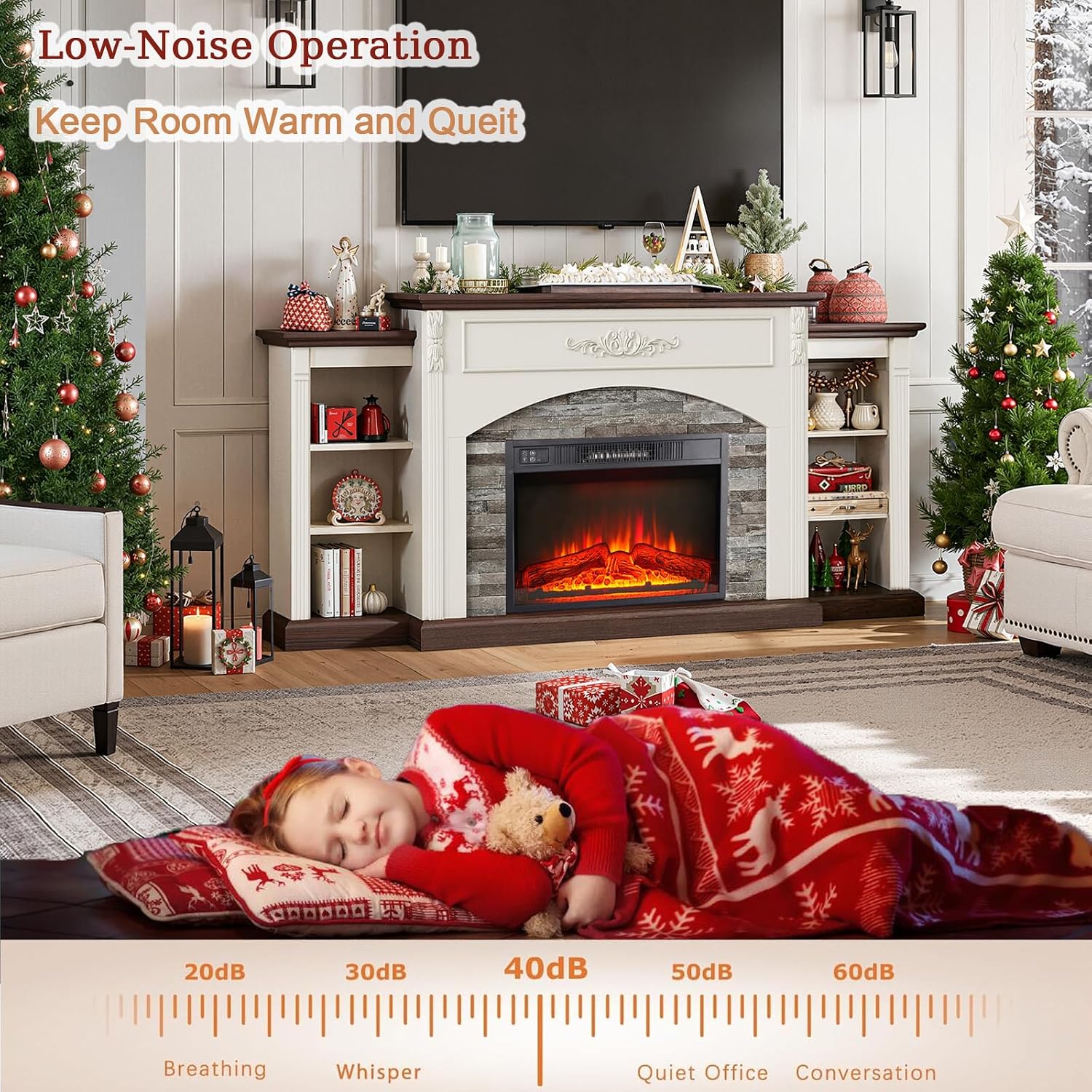 72' Electric Fireplace with Mantel, White TV Stand for TVs Up to 80 Inch, Farmhouse Entertainment Center with Storage for Bedroom,23'' Fireplace Insert Heater for Living Room