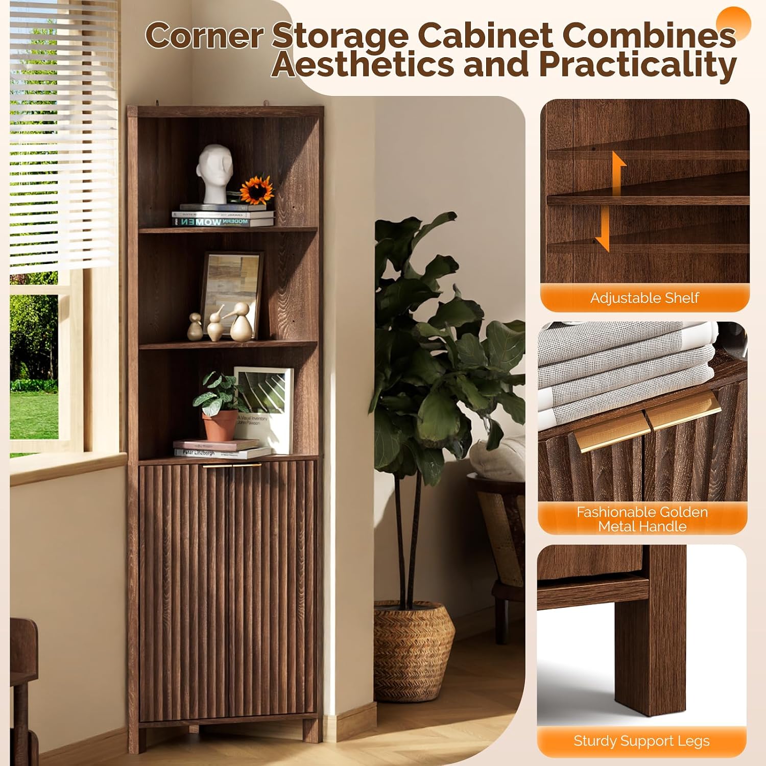 VINGLI Tall Corner Cabinet with Fluted Doors, 68' Walnut Corner Storage Cabinet with Adjustable Shelves, Freestanding Wood Corner Bookshelf for Bathroom, Living Room & Kitchen, Space-Saving