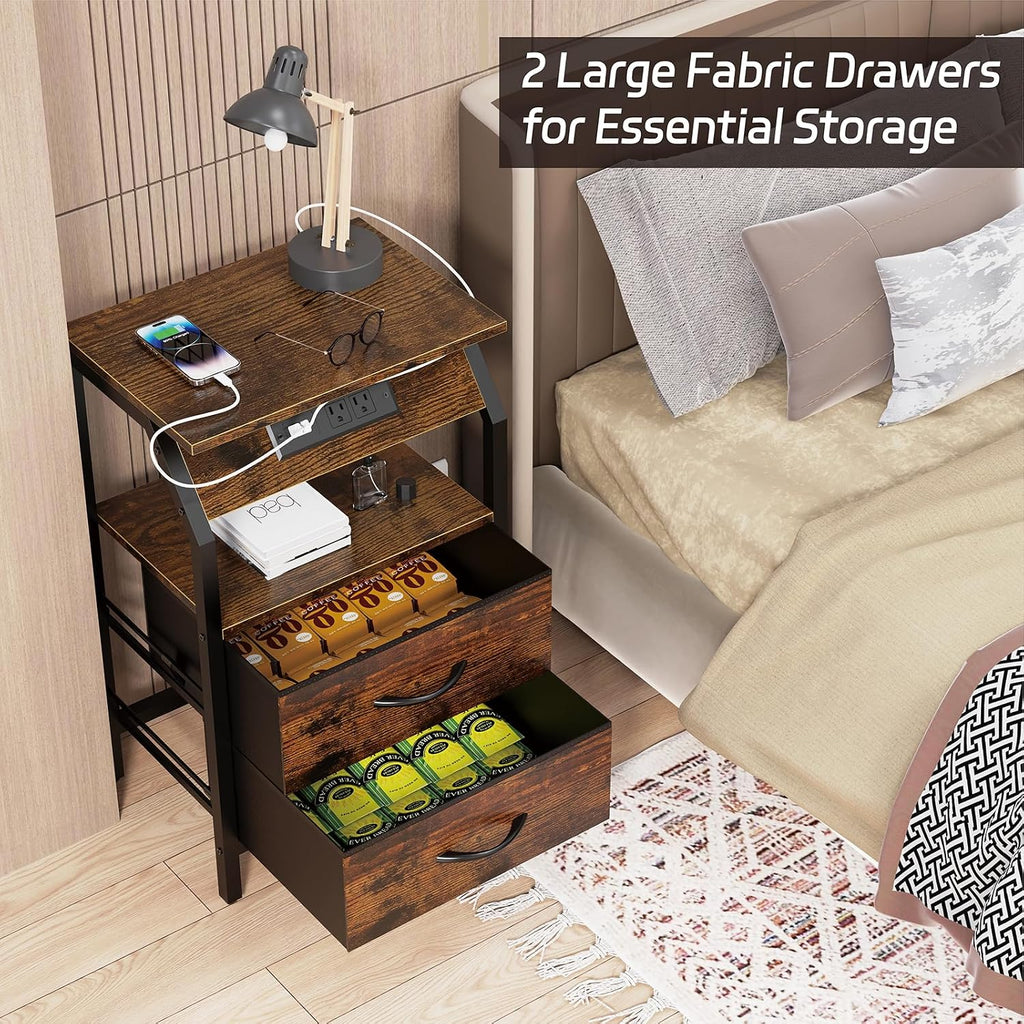 SZLHANJZ End Table with LED Lights, Nightstand with 2 Drawers and Type C Charging Station, Small Fabric Night Stand for Bedside, Storage Side Table for Living Room Dorm, Rustic Brown