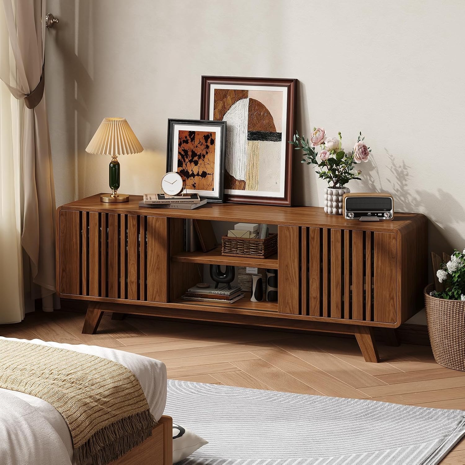 ONBRILL 63-Inch TV Stand for TVs up to 75 Inch, Mid-Century Modern Television Stand with Power Outlet, Entertainment Center with Sliding Grille Door Cabinets and Open Shelves for Living Room, Walnut