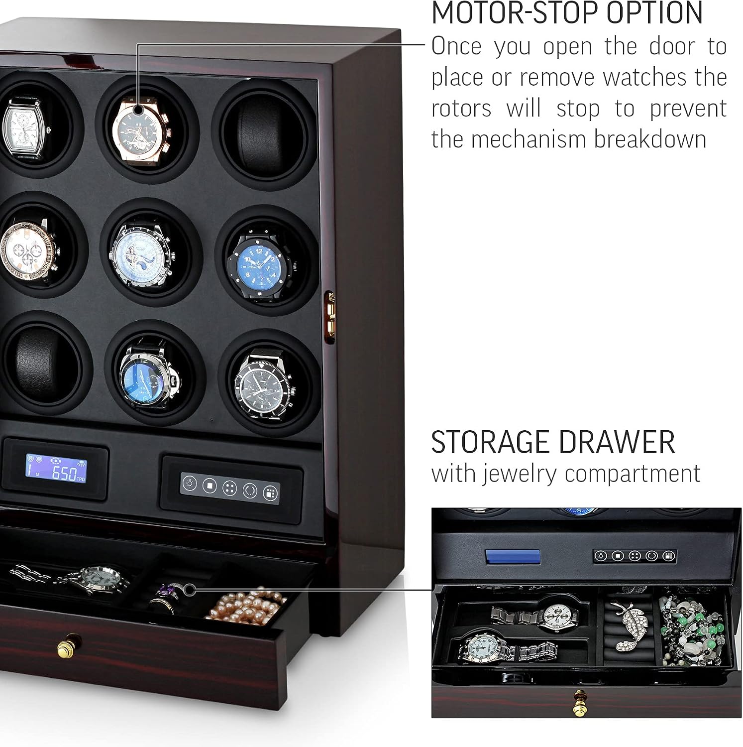9 Watch Winder with LED Interior Light, LCD Display and 2 Watch Storage Space