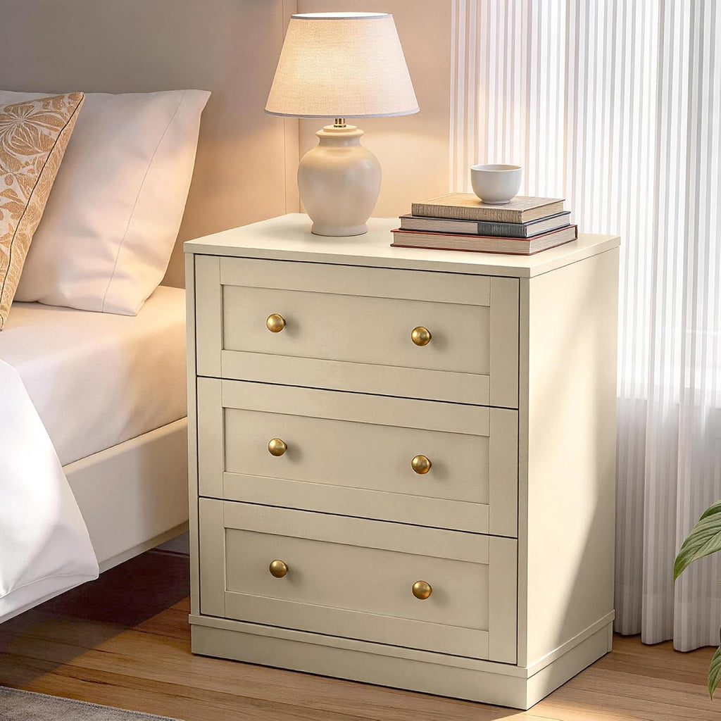 RoyalCraft Nightstand with 3 Drawers Storage, Large Wood Night Stand for Bedroom, Modern Bedside Table, End Table for Hallway, Closet, Beige