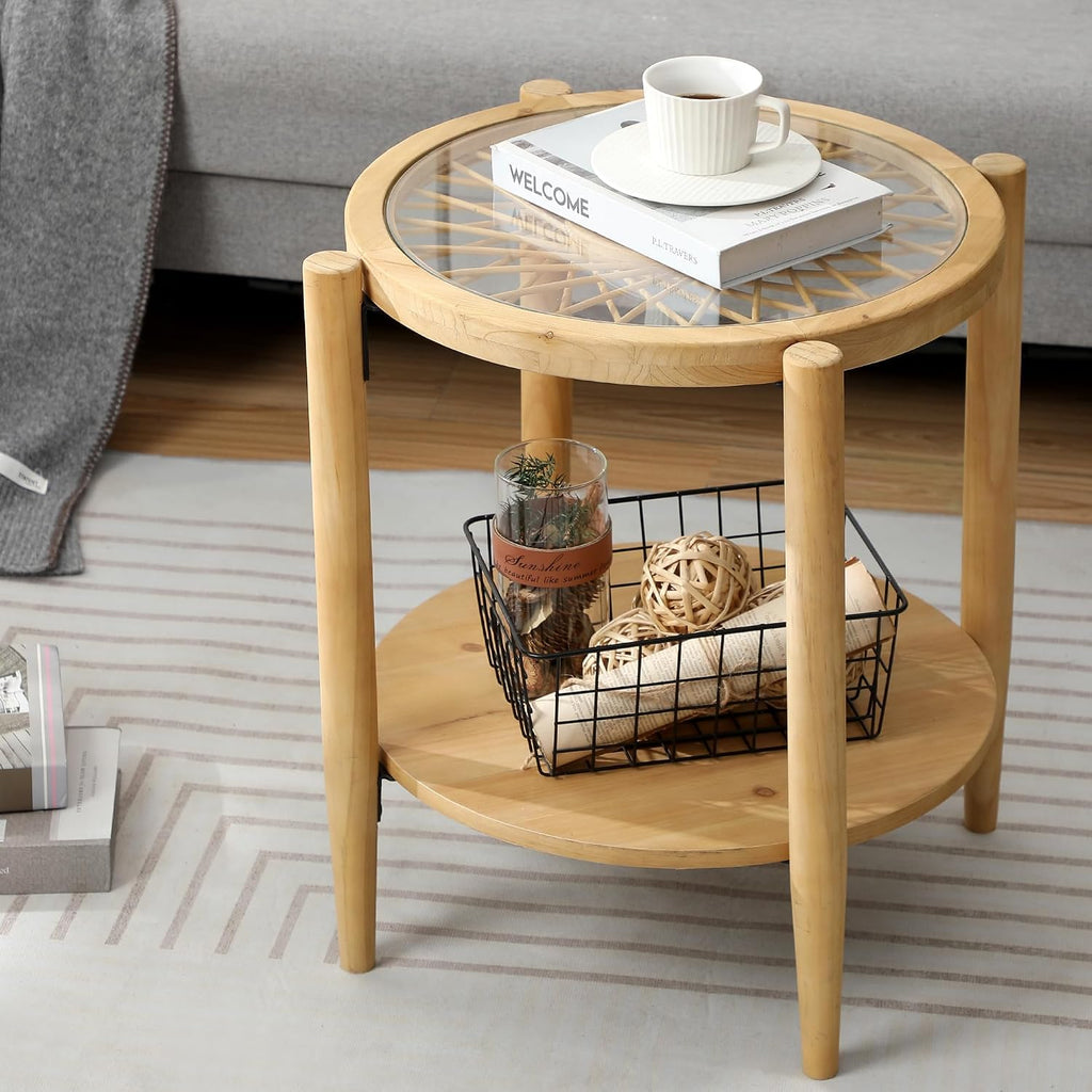 RUSTOWN Rattan Nightstands Set of 2,Boho Wood Round Side Tables, 2-Tier Natural End Table with Glass Top and Wood Legs, Sofa Side Table Bedside Table for Living Room Bedroom Couch(Natural)