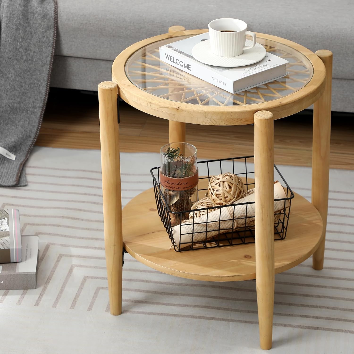RUSTOWN Rattan Nightstands Set of 2,Boho Wood Round Side Tables, 2-Tier Natural End Table with Glass Top and Wood Legs, Sofa Side Table Bedside Table for Living Room Bedroom Couch(Natural)