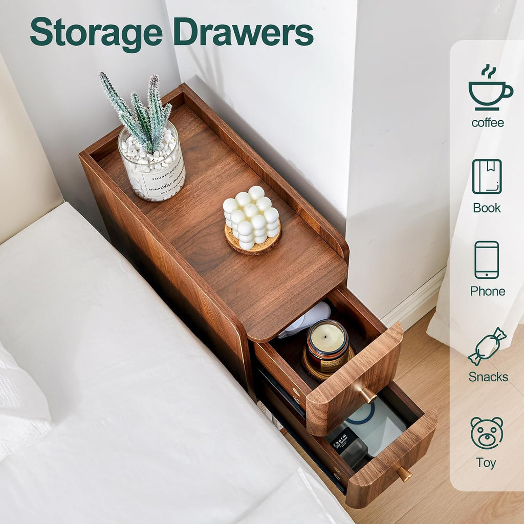 Narrow Nightstand Set of 2, Wooden Small 2 Drawer Nightstand, Slim Side End Table, Skinny Bedside Table, Mid Century Modern Night Stand with Drawers, for Bedroom (Walnut-2pcs)
