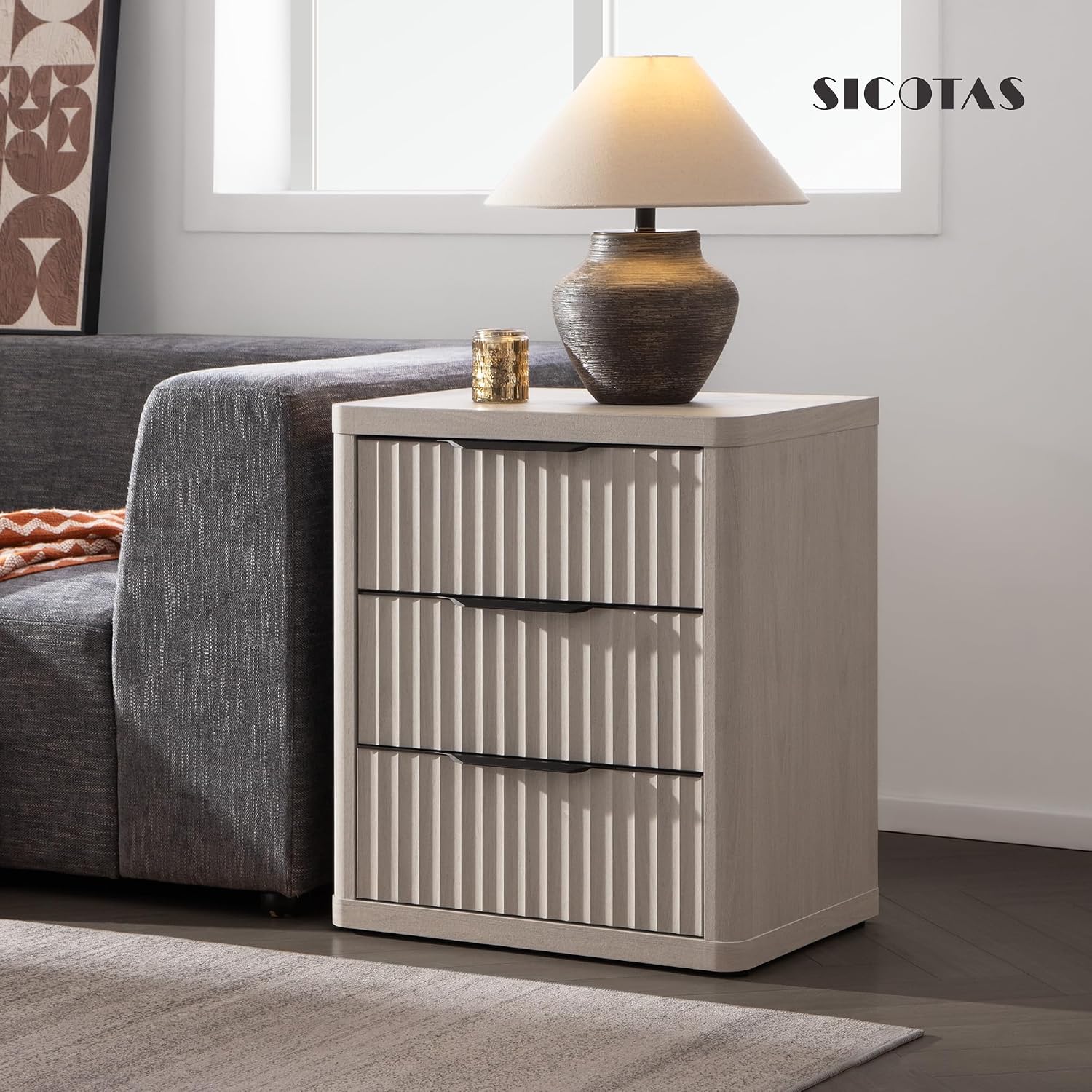 SICOTAS Night Stand Set of 2 Nightstands with 3 Drawers Storage Bedside Table Large Fluted Bed Side End Table Modern 25.6' Tall Wide Night Stands for Bedroom Living Room Sofa Couch Office, White Alder