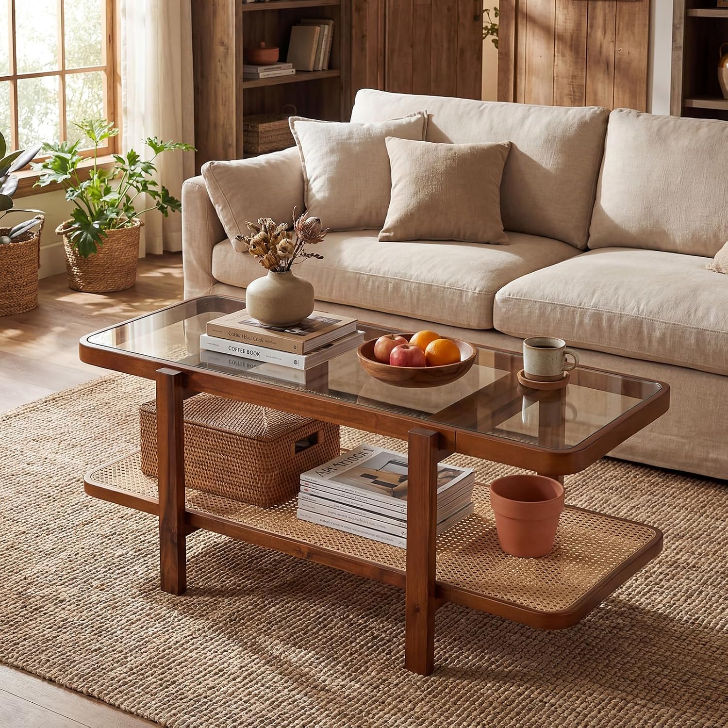 GOFLAME Rattan Coffee Table, 47.5' Solid Wood Center Table with Tempered Glass Top & Rattan Storage Shelf, Rectangular, Farmhouse, Boho, 2-Tier Mid Century Modern Tea Table for Living Room (Walnut)