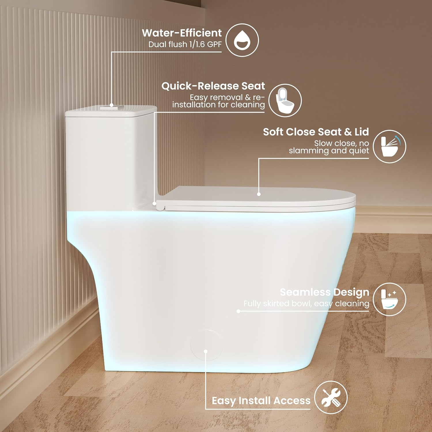 Casta Diva Elongated One Piece Toilet with 17' ADA Comfort Chair Height Seat Compact Toilet for Bathroom Dual Flush 1.1/1.6GPF, 12'' Rough-in, High Efficiency Flush, Standard White Bowl