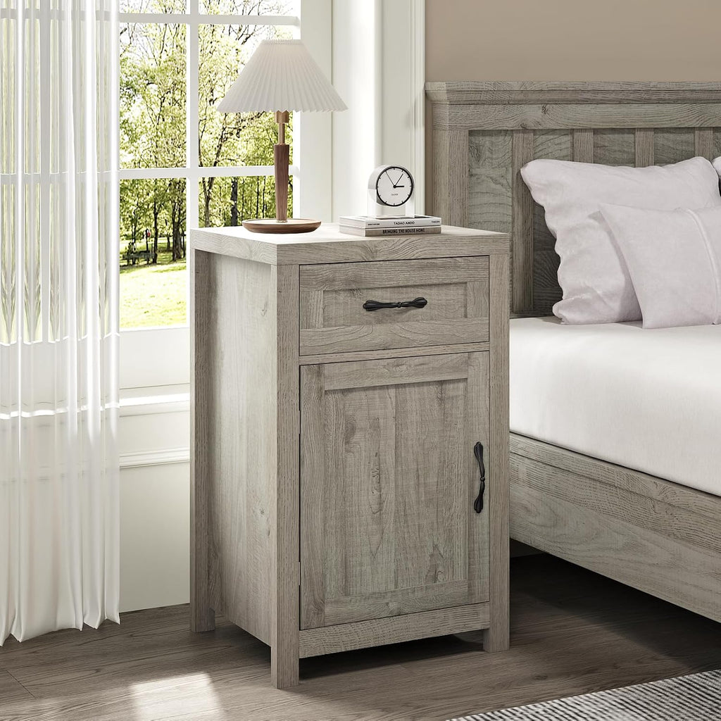 Farmhouse Nightstand Set of 2 with Drawer, 30' End Table with Storage Cabinet and Adjustable Shelf, Tall Bedside Table Rustic Wood Sofa Side Table for Living Room, Bedroom, Grey