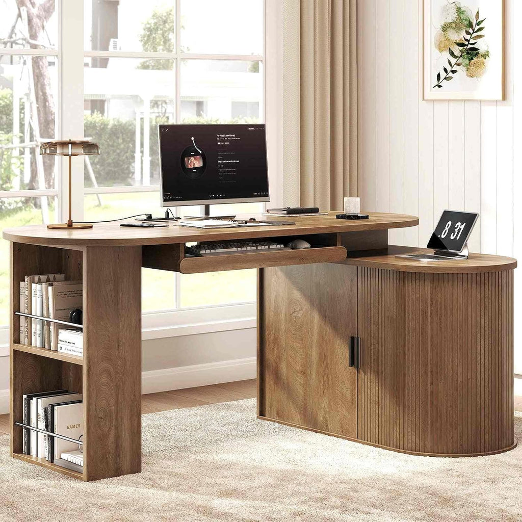 HSH L Shaped Computer Desk with Storage Cabinet, Reversible Office L Desk with Keyboard Tray and Open Shelves, Home Office Corner Executive Desk with Power Outlet, Annual Ring Wood, 60 Inch