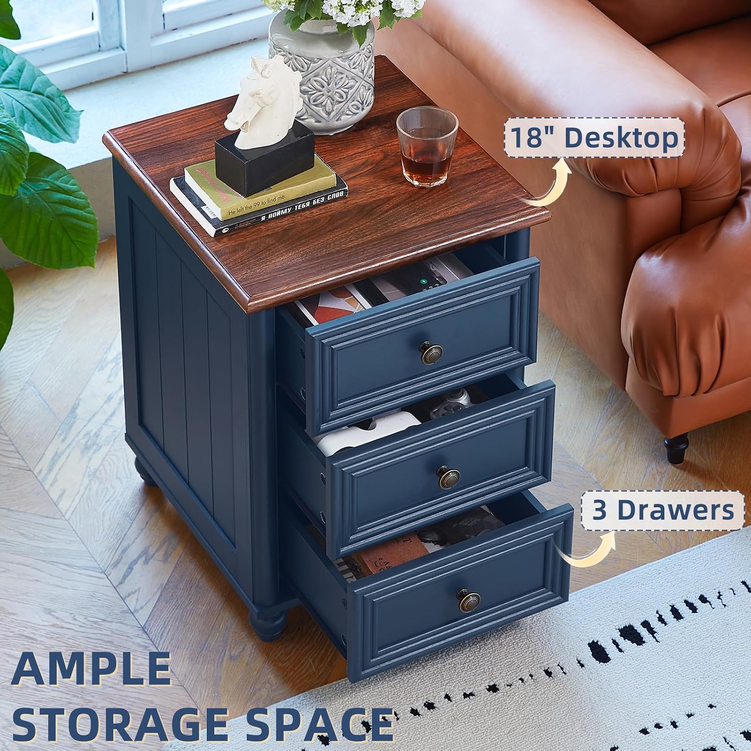 RWYHG 18' Farmhouse Night Stand Set of 2, Blue Wood Nightstand with 3 Drawers, Bedside End Table with Storage and Roman Column, Bed Side Tables Cabinet for Bedroom, Living Room, and Closet