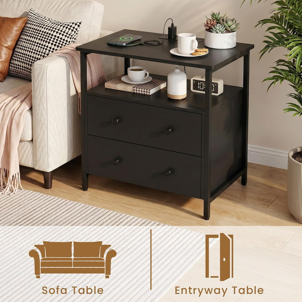 Edbuosy 27 inch Wide Night Stand Set 2 with Charging Station, Bedside Table with Open Shelf, 2 Drawers Small Wood Dresser, Modern Wood Nightstand for Bedroom/Living Room (Black)