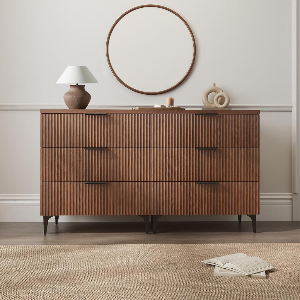 25.6'W Fluted Nightstand with 3 Drawer, Mid-century Modern Wood Night Stands Bedside Table for Bedroom King/Queen Bed, End Table with Robot-friendly Legs for Living Room,Entry (3 Drawers-1pcs-Walnut)