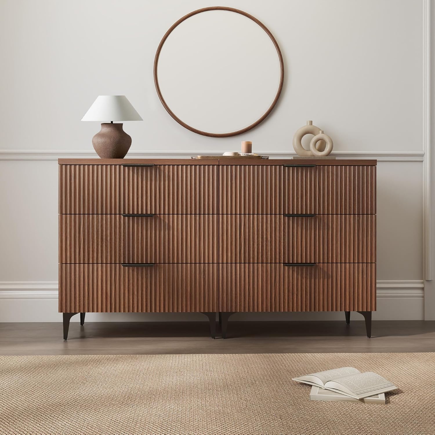 25.6'W Fluted Nightstand with 3 Drawer, Mid-century Modern Wood Night Stands Bedside Table for Bedroom King/Queen Bed, End Table with Robot-friendly Legs for Living Room,Entry (3 Drawers-1pcs-Walnut)