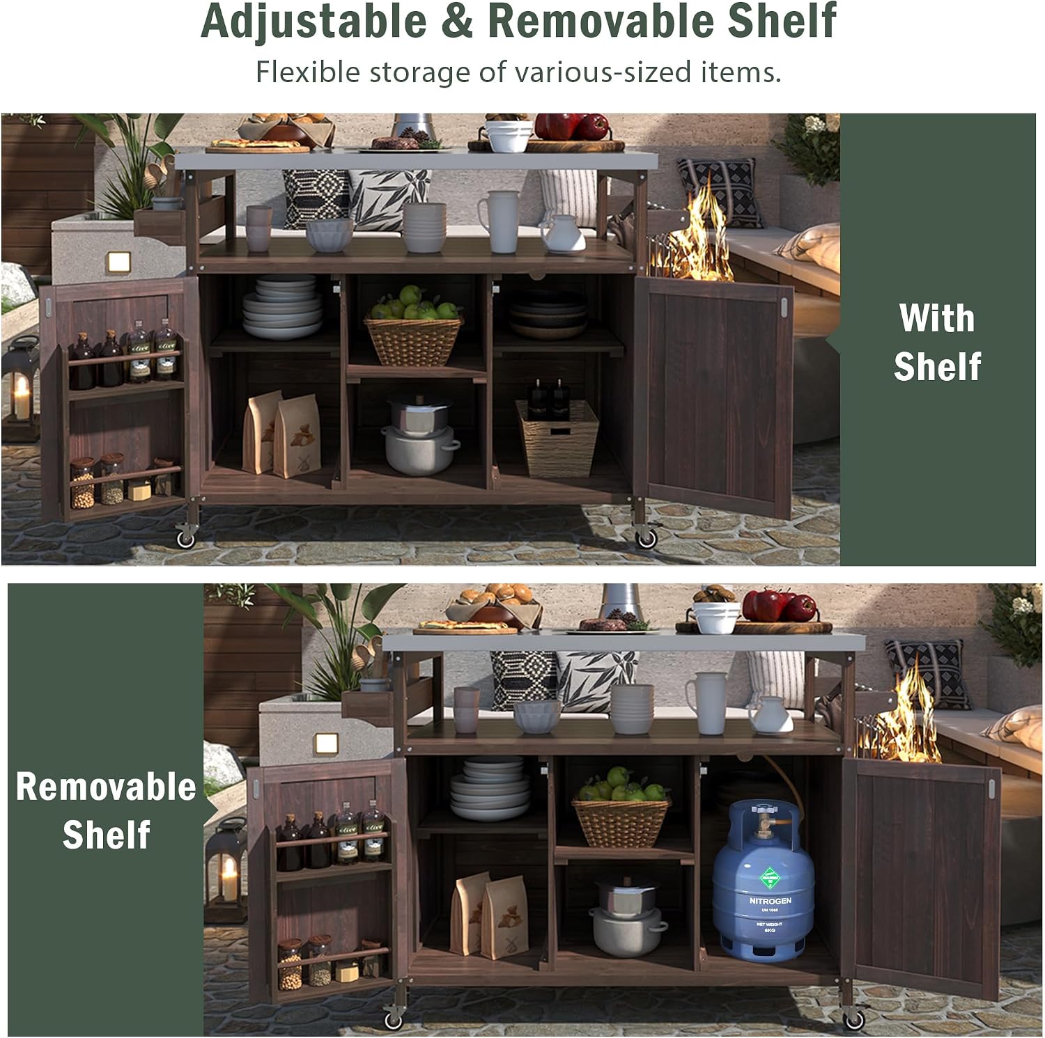 Outdoor Kitchen Rolling Bar Cart with Storage Cabinet, Farmhouse Solid Wood Outdoor Grill Table with Stainless Steel Top, Spice Rack and Towel Rack, Perfect for Barbecue Poolside Patio (Dark Brown)