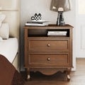 Solid Wood Nightstand, Fully Assembled Night Stand with 2 Drawer & Open Shelf Storage, Bedside Table with Charging Station, Mid-Century Modern End Table for Bedroom, Walnut