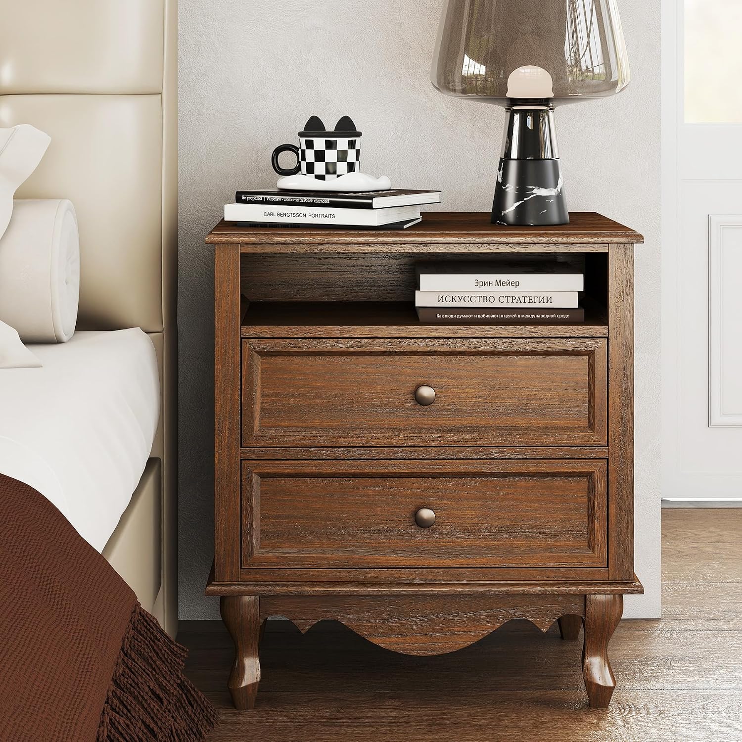 Solid Wood Nightstand, Fully Assembled Night Stand with 2 Drawer & Open Shelf Storage, Bedside Table with Charging Station, Mid-Century Modern End Table for Bedroom, Walnut