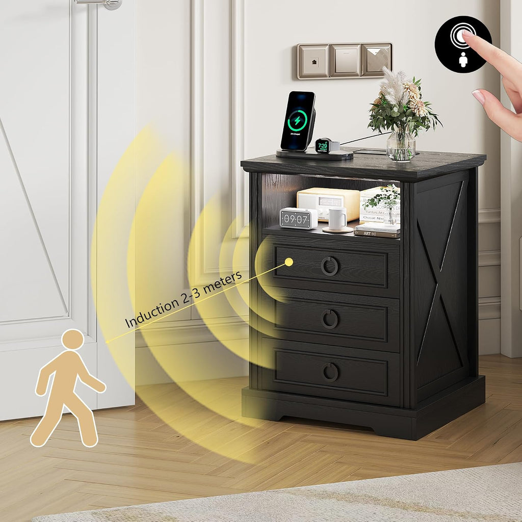 Nightstand Set 2 with Charging Station,Farmhouse End Side Table with 3 Drawers and Open Storage,Smart Bedside Table with LED Light & Human Sensor, Black