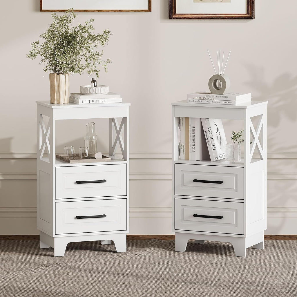 Tall Nightstand Set of 2 Side Table with 2 Drawers Modern Night Stand Wooden End Table Bedside Table with Upper Open Shelf Solid Feet for Bedroom, White