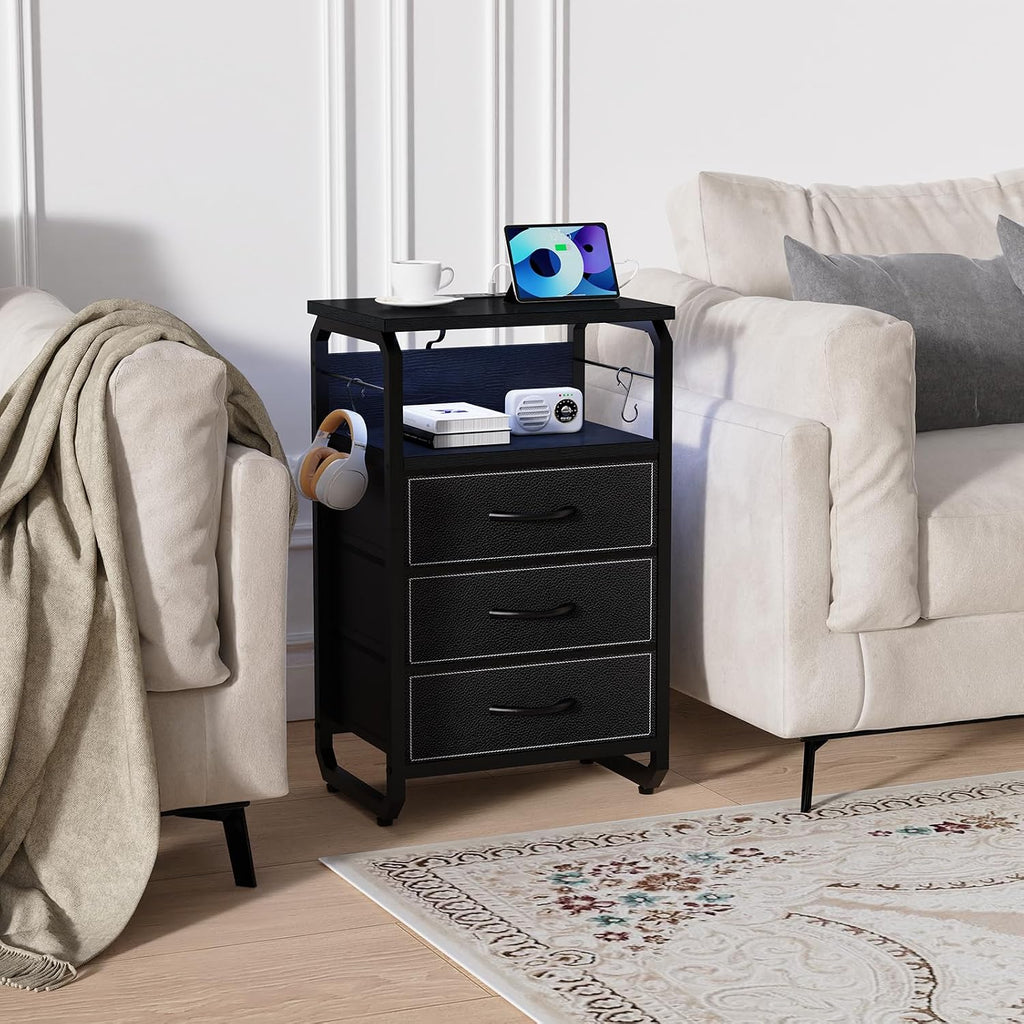 runjuly Large Nightstand Set of 2 with Charging Station, Bed Side Tables Bedroom Set of 2, Black Night Stand Set 2, Bedside Table with 3 Fabric Drawers, Night End Table with Storage for Bedroom, Dorm