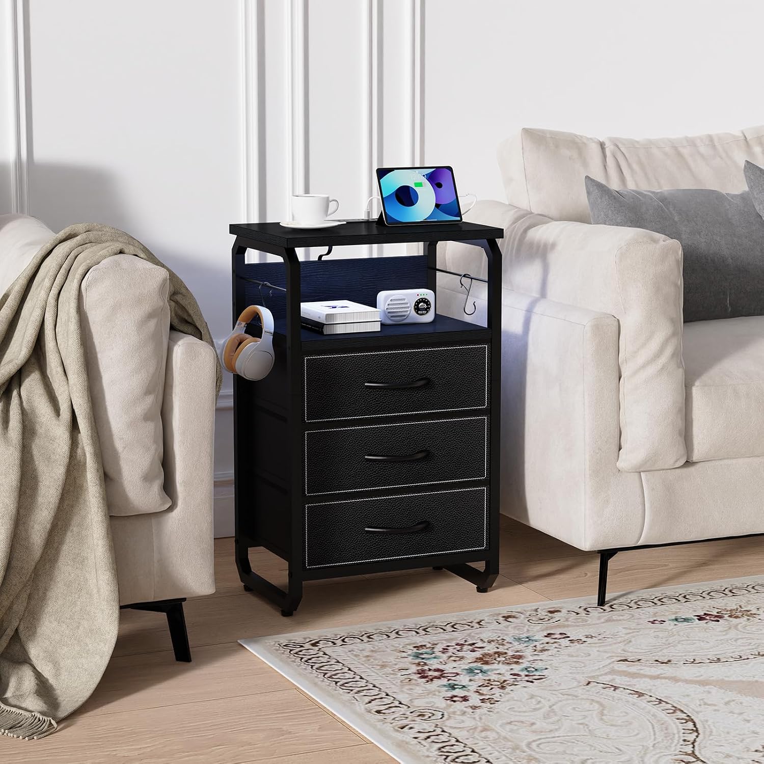 runjuly Large Nightstand Set of 2 with Charging Station, Bed Side Tables Bedroom Set of 2, Black Night Stand Set 2, Bedside Table with 3 Fabric Drawers, Night End Table with Storage for Bedroom, Dorm