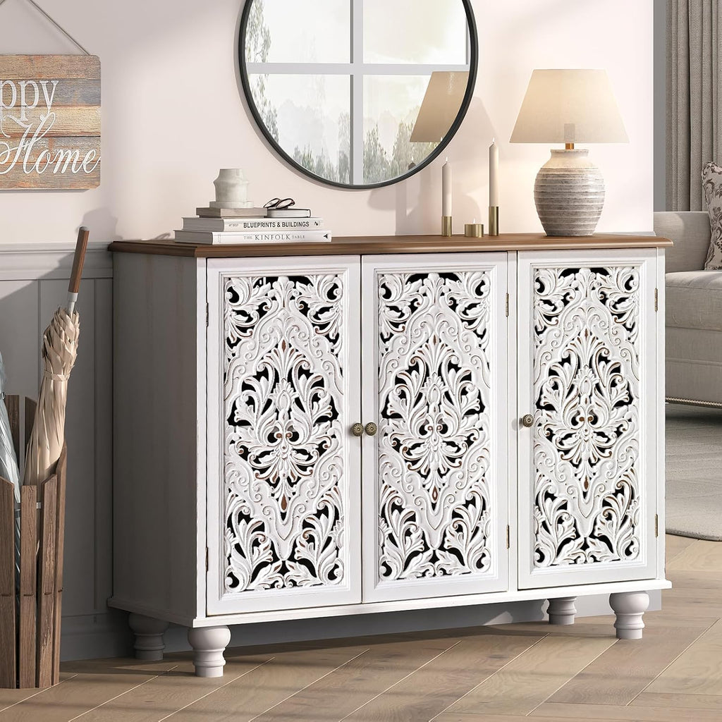 JOINICE 43' Accent Cabinet with 3 Carved Doors, White Farmhouse Buffet Cabinet with Storage & Solid Wood Legs, Boho Sideboard Console Table for Living Room, Entryway, Dining Room, Coffee Bar