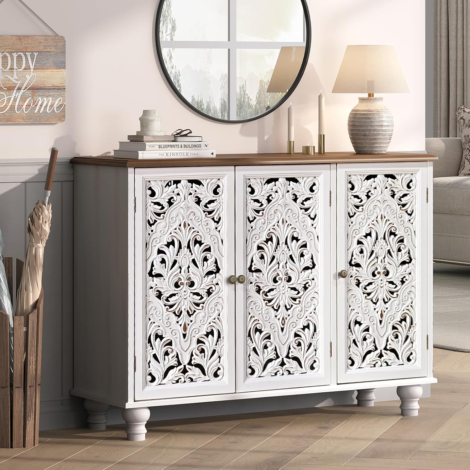 JOINICE 43' Accent Cabinet with 3 Carved Doors, White Farmhouse Buffet Cabinet with Storage & Solid Wood Legs, Boho Sideboard Console Table for Living Room, Entryway, Dining Room, Coffee Bar