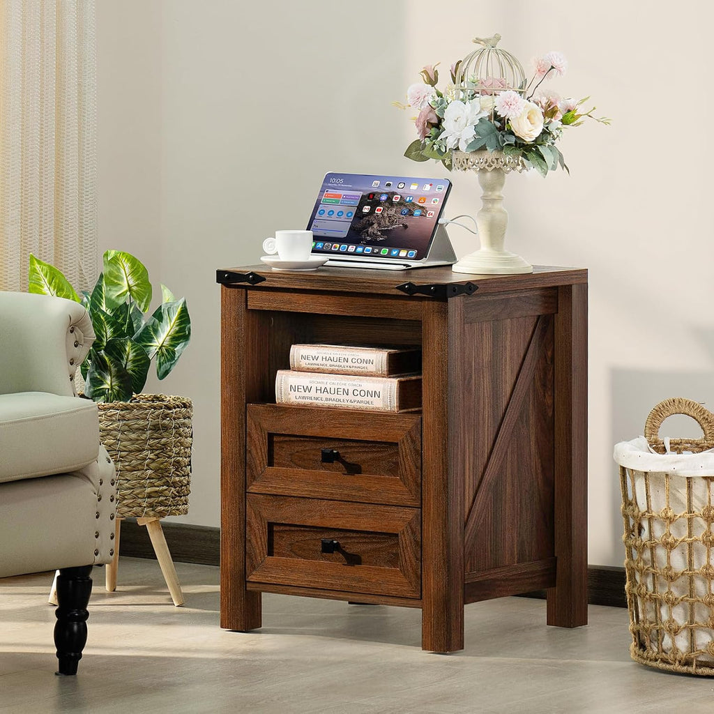 Joaxswe Nightstands Set of 2 with Charging Station, Farmhouse Side End Table with 2 Drawers and Open Shelf, Wood Rustic Sofa Table, Bedside Cabinet for Bedroom, Living Room, Closet, Office(Brown)