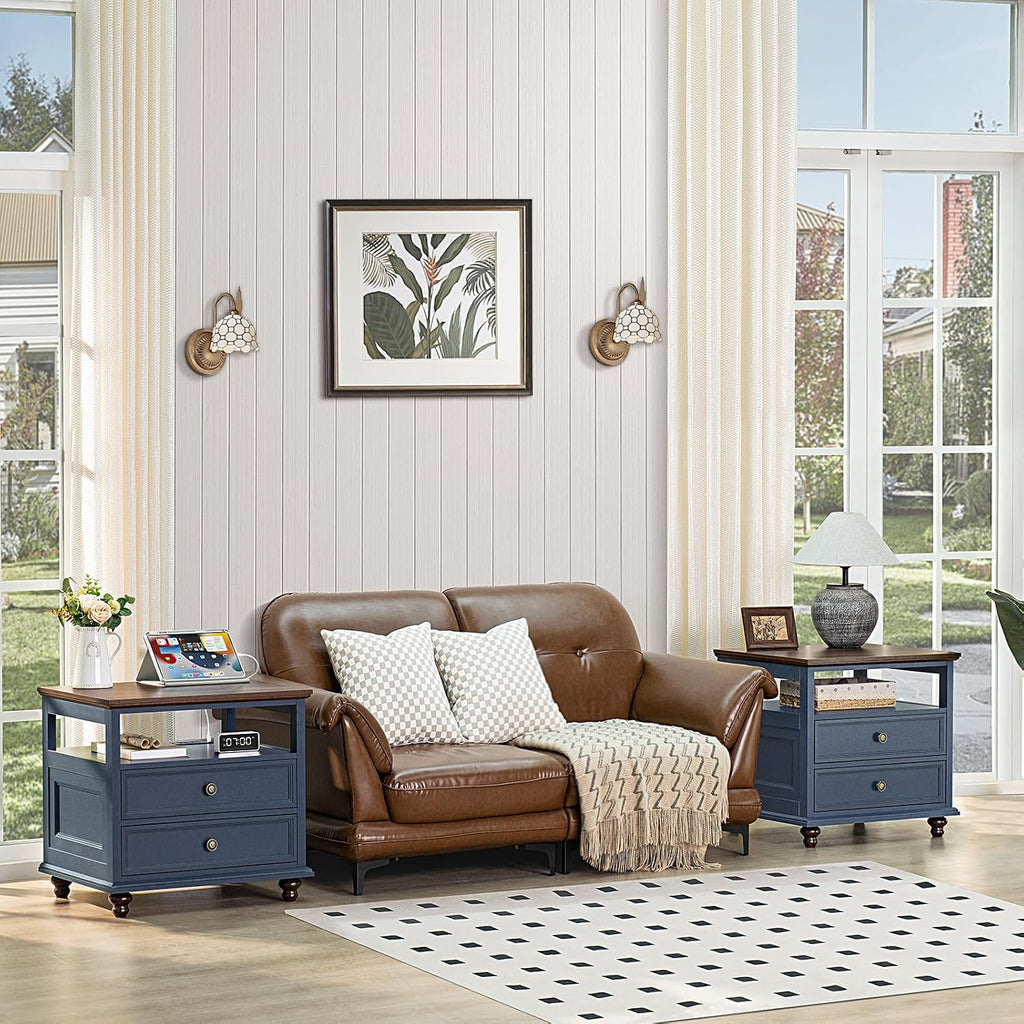 Joaxswe Farmhouse Nightstand Set of 2 with Charging Station, 24' Wide End Table with 2 Drawers,Wood Dresser for Bedroom,Bed Side Table Chest of Drawers Cabinet,Navy BlueNight Stand for Living Room
