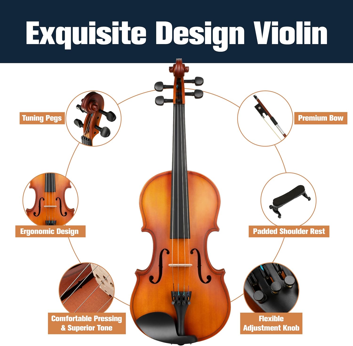 Mendini by Cecilio 3/4 Violin Set For Beginners - Hand Carved Acoustic Violins Kit - Fiddle Solid Wood Kit with Hard Case, Bow, Rosin, Shoulder Rest, Bridge and Extra Strings