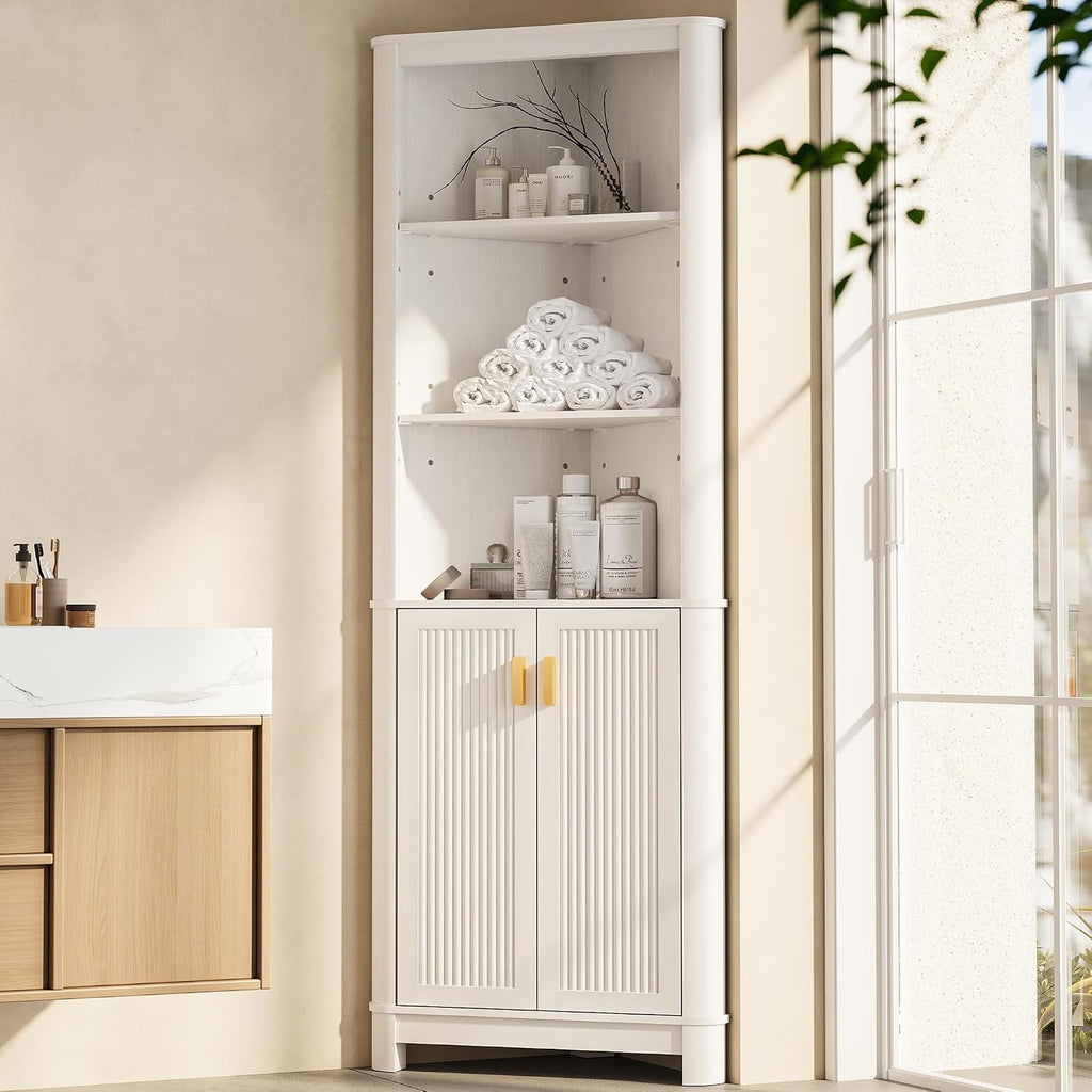 INNOD 69' Tall Corner Shelf with Doors, 6-Tier Corner Storage Cabinet with Doors, Space Saver Shelf for Bathroom, Bathroom Floor Cabinet for Living Room Kitchen, Hallway