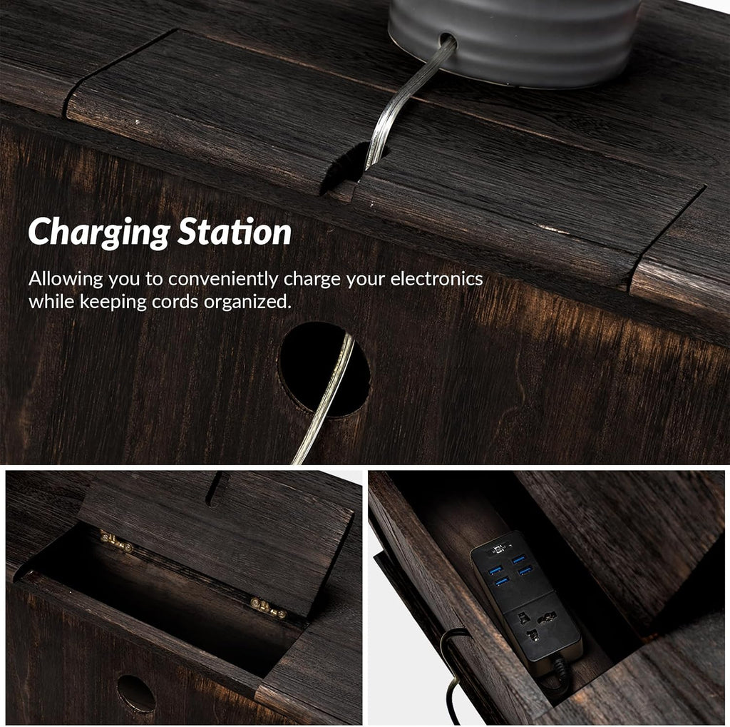 HULALA HOME Solid Wood End Tables Set of 2 with Charging Station Space, Vintage Endtables with Wood Legs and 2 Drawers, French Side Tables for Living Room, Charcoal