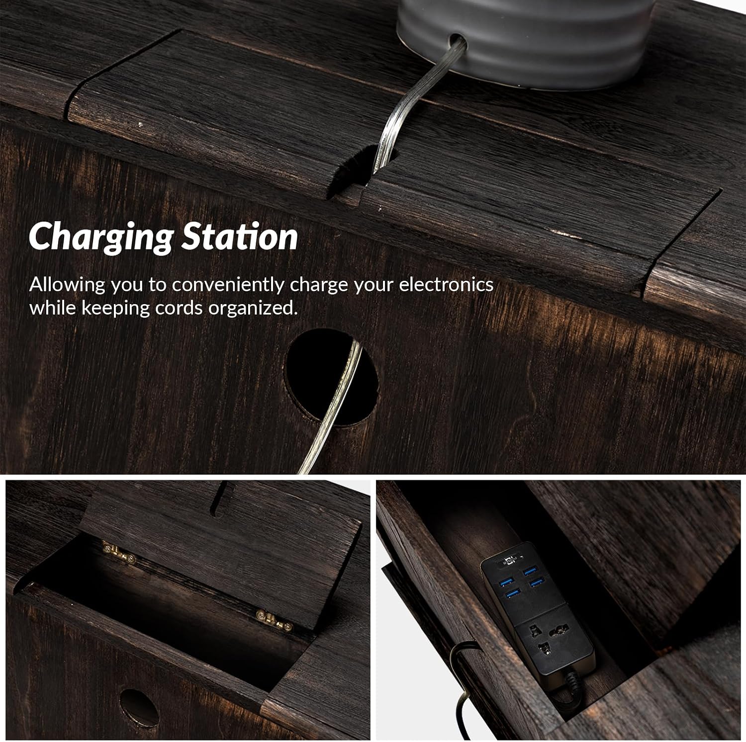 HULALA HOME Solid Wood End Tables Set of 2 with Charging Station Space, Vintage Endtables with Wood Legs and 2 Drawers, French Side Tables for Living Room, Charcoal