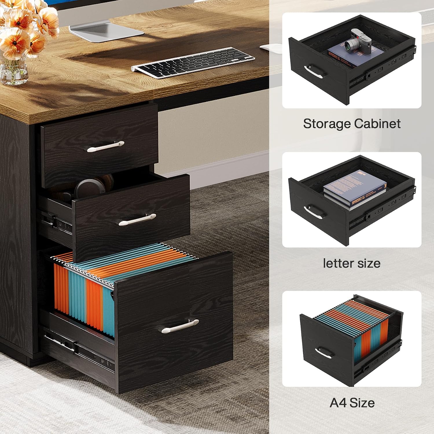 Tribesigns 85.8-Inch L-Shaped Executive Desk, Extra Large Modern Office Desk with File Drawers, Door Cabinet & Shelves, Commercial Office Table, Home Business Workstation, Light Brown & Black
