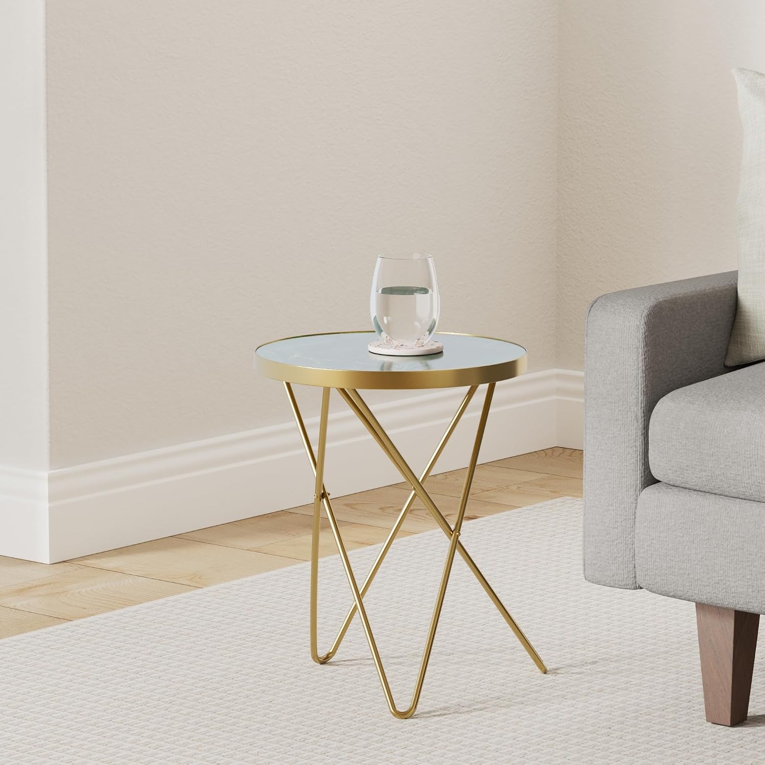 HLR Modern Round Side Table Set of 2, End Table with Marble Effect Top and Gold Metal Frame, Small Side Table for Living Room, Bedroom, Sofa and Couch, Gold Legs, Green Marble top