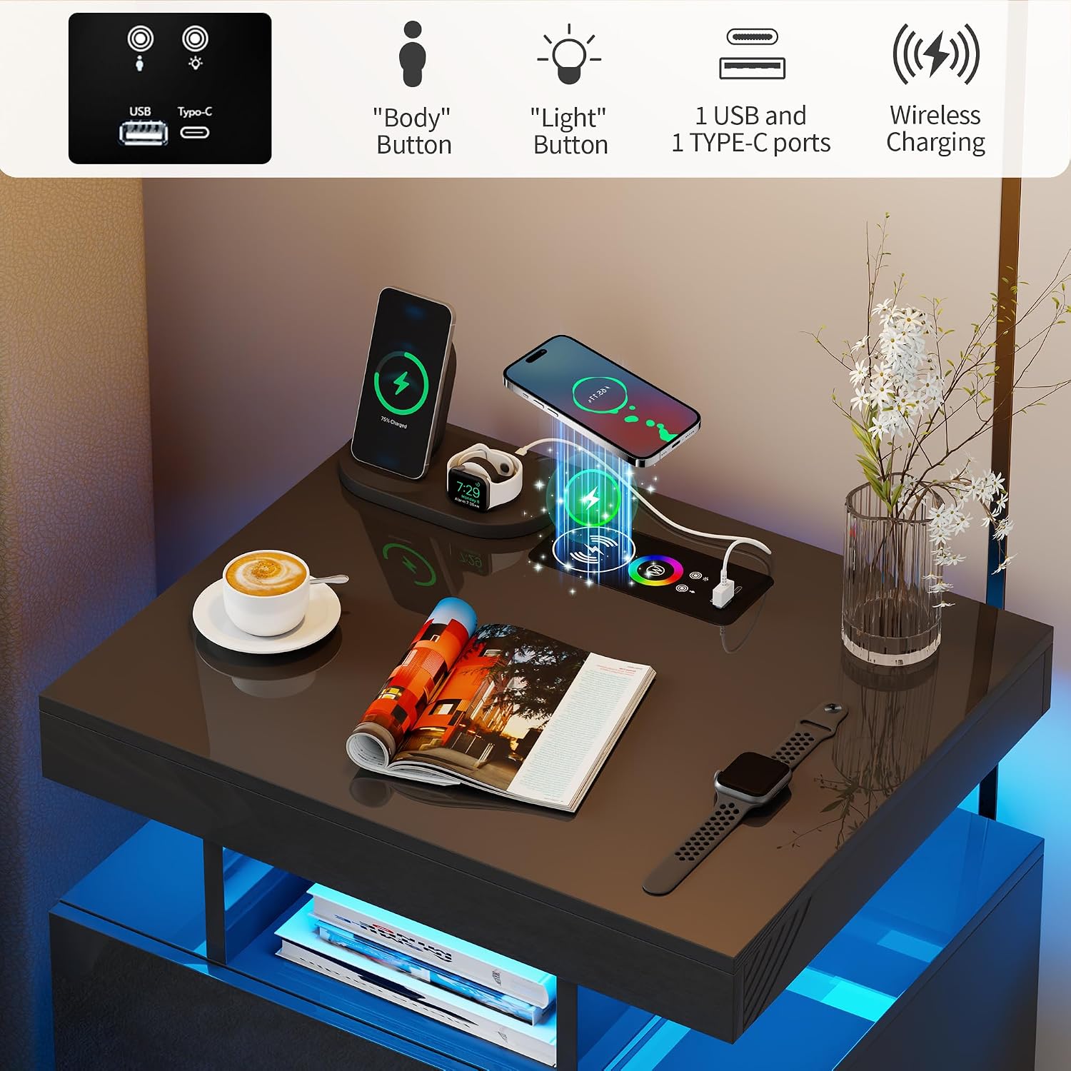 Smart Night Stand Set of 2 with Charging Station, Modern Black Nightstand with 24 Color Lights and 2 Drawers, LED Bedside Tables with Auto Senor,High Gloss End Side Table for Bedroom
