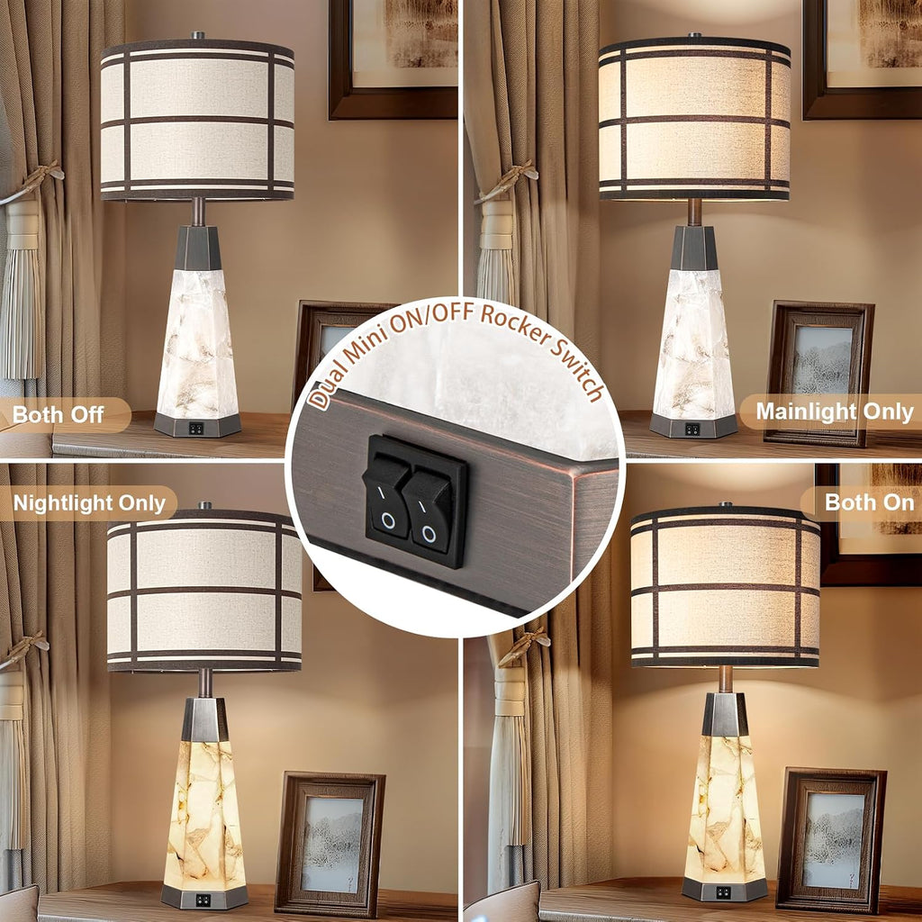 KIVDITZO 27' Alabaster Table Lamps for Living Room, Bedroom Lamps Set of 2 with Night Light, Living Room Lamps with USB A+C Ports, Table Lamp with Linen Shade for Bedside (Bulbs Included)