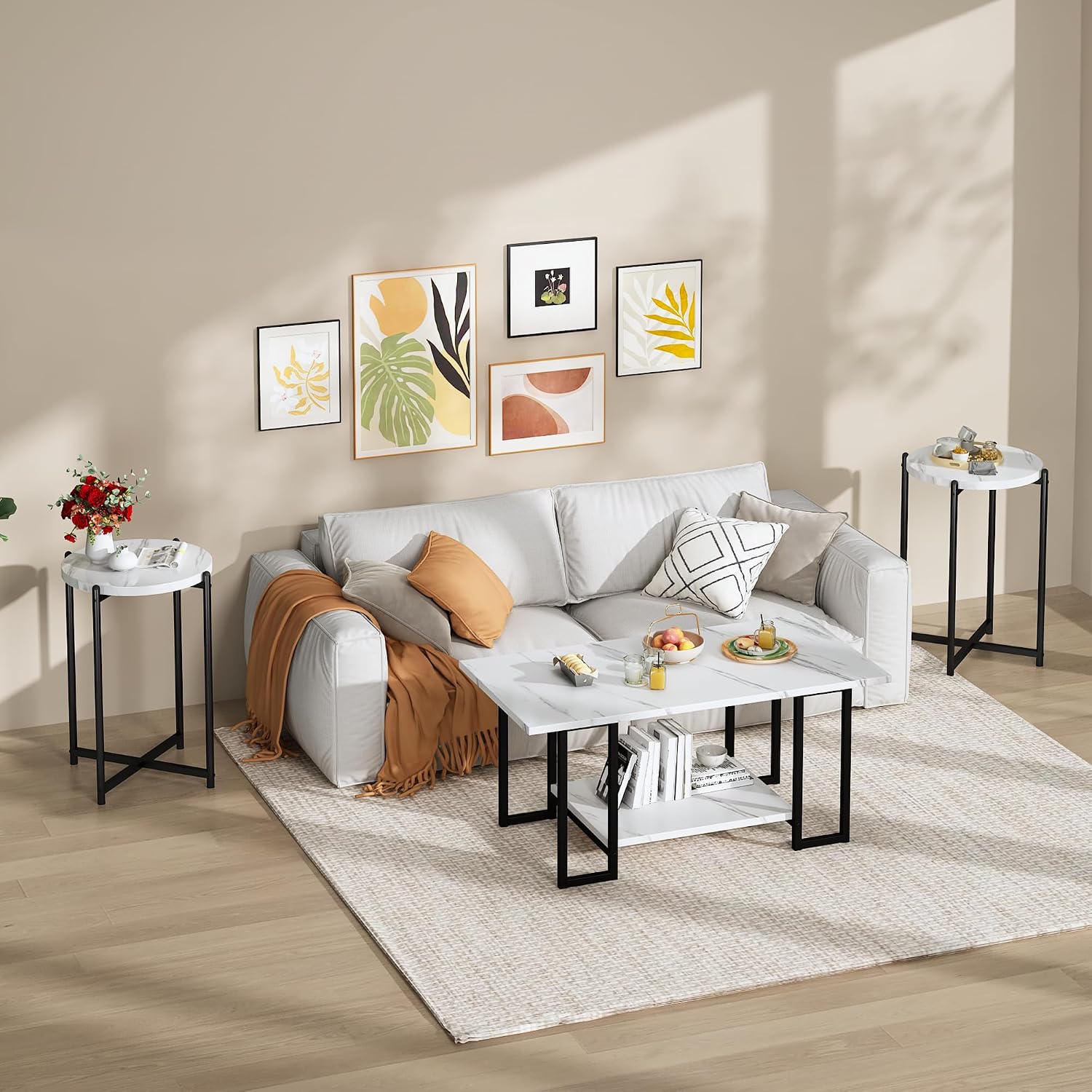 Hooseng Coffee Table Set of 3 Coffee Table and end Table Sets, Modern Living Room Table Set with Metal Frame for Apartment Home Office White Black