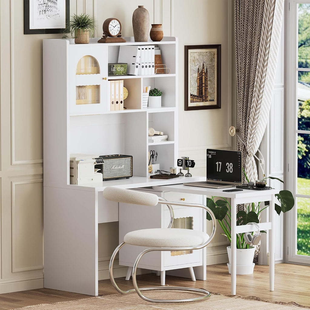 L Shaped Home Office Desks with 90° Rotating Retractable Desktop, Glass Door, Hutch, Drawers, Bookshelf & Storage Shelves, 43' Modern Gaming Computer Corner Table for Work, Study, Writing, White