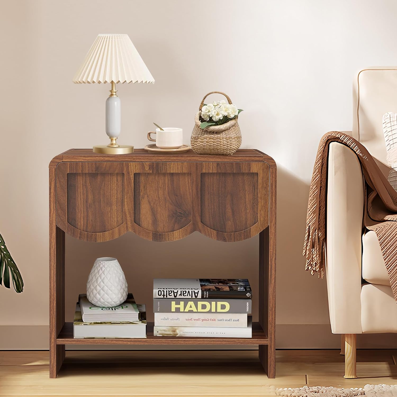 Small Night Stand Set of 2, Mid Century Modern Farmhouse Wood Nightstand with Wave Panel Drawer, Bed Side End Table for Small Space, Living Room - Walnut