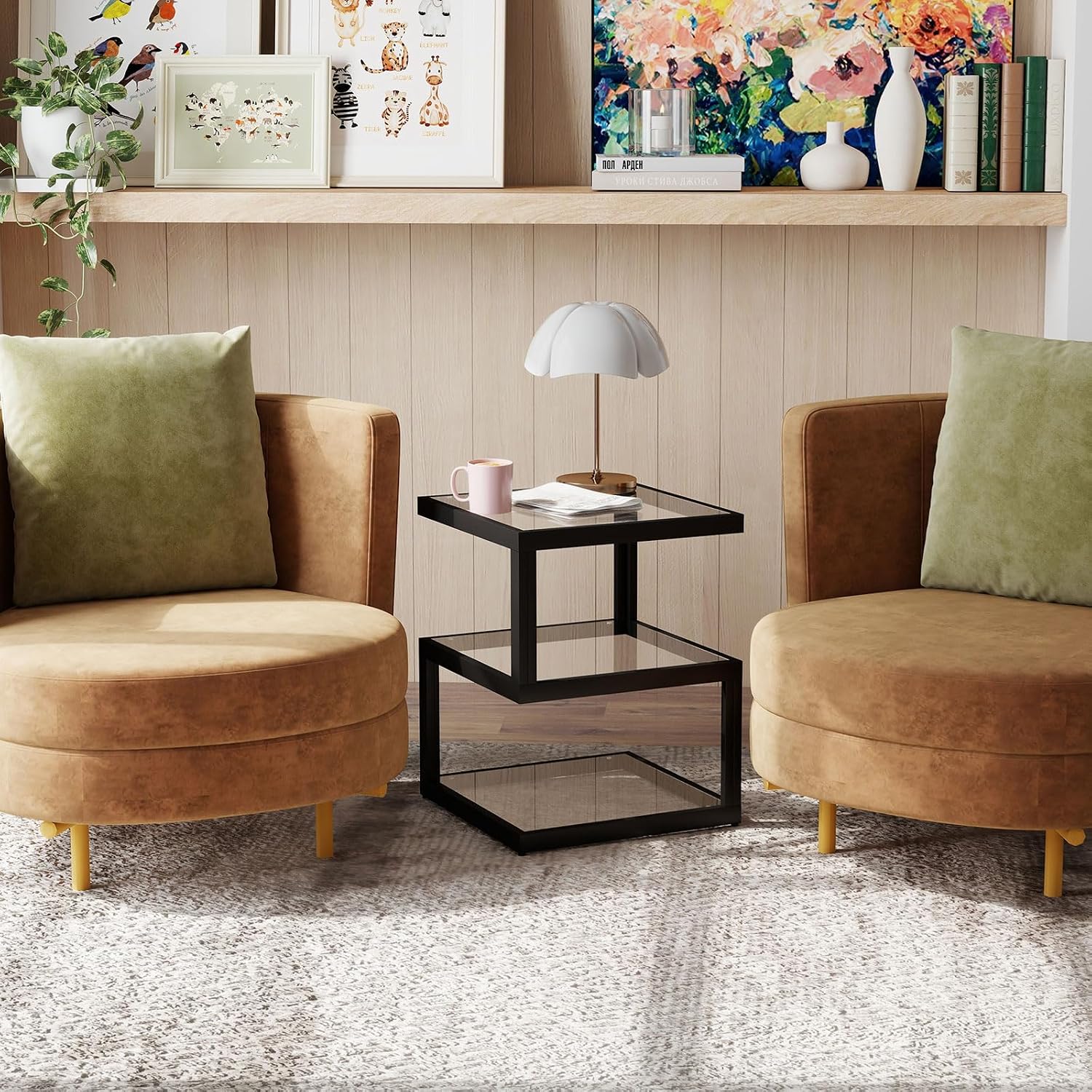 3-Tier Tempered Glass Side Table with Metal Frame, USB Port and Dimmable Blue LED Light Strip for Living Room & Bedroom 15.7' x 15.7' x 19.7' (Square)