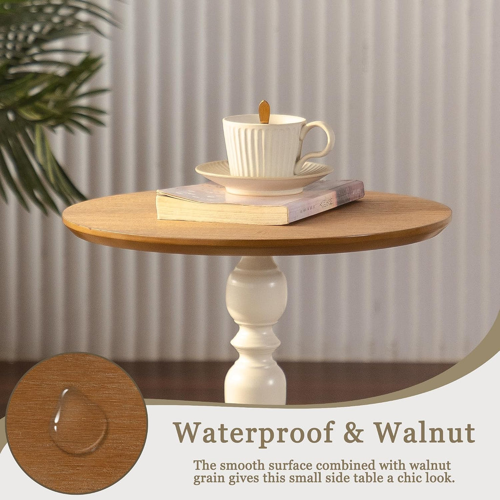 Small Round End Table, French Country Pedestal Accent Table with Wood Top & Vintage White Base, Farmhouse Side Table for Living Room, Bedroom, Small Spaces, 15.75' W x 20.87' H
