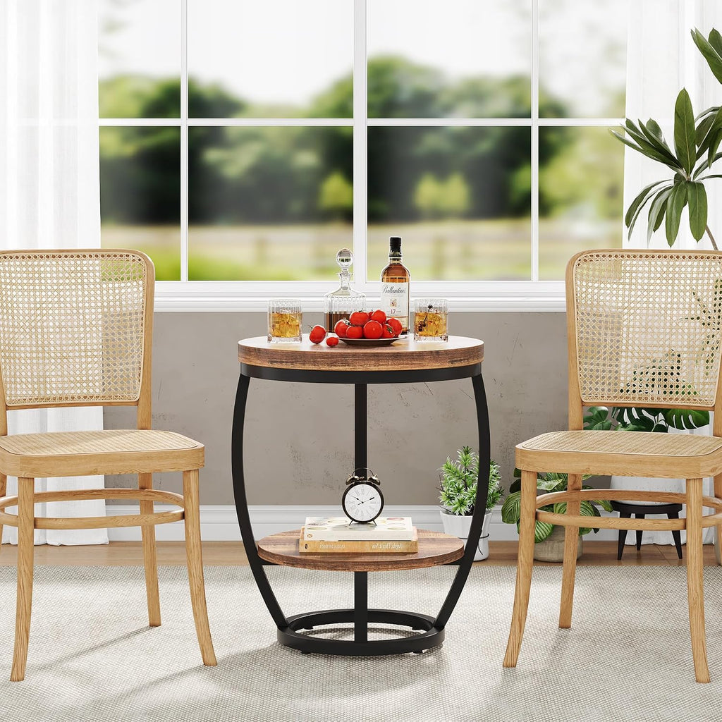 Round End Table Set of 2, 2 Tier Industrial Side Table, Nightstand with Metal Frame, Accent Bedside Table with Storage Shelves for Living Room, Bedroom, Small Spaces, Rustic Brown & Black