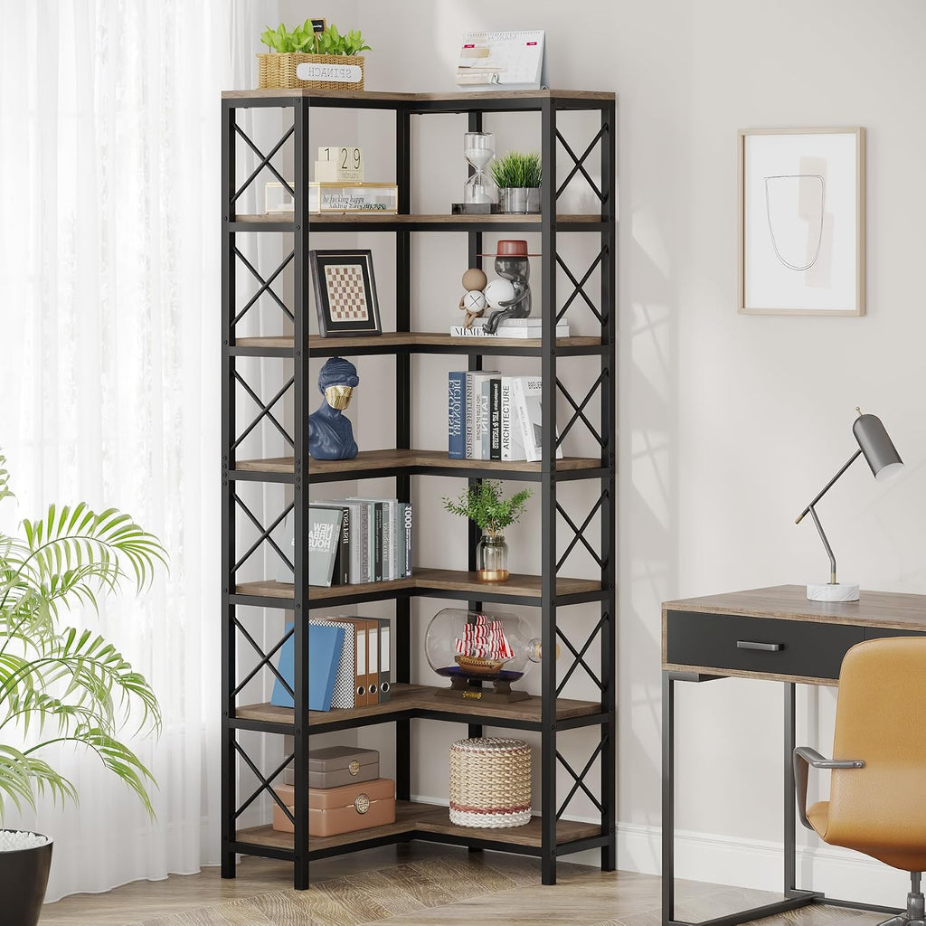Tribesigns 7-Tier Corner Bookcase, Industrial Large Corner Bookshelf, 7-Shelf Tall Corner Shelf Storage Display Rack with Metal Frame for Living Room Home Office, Grey