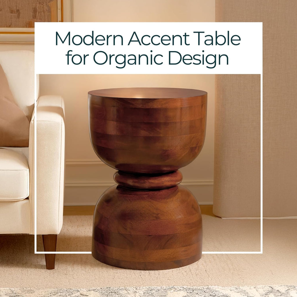 Brown Mango Wood Accent Table with Natural Wood Grain Finish – Unique Hourglass Round Side Table for Living Room, Bedroom, Office, & Home Decor – 13 x 18 Inches