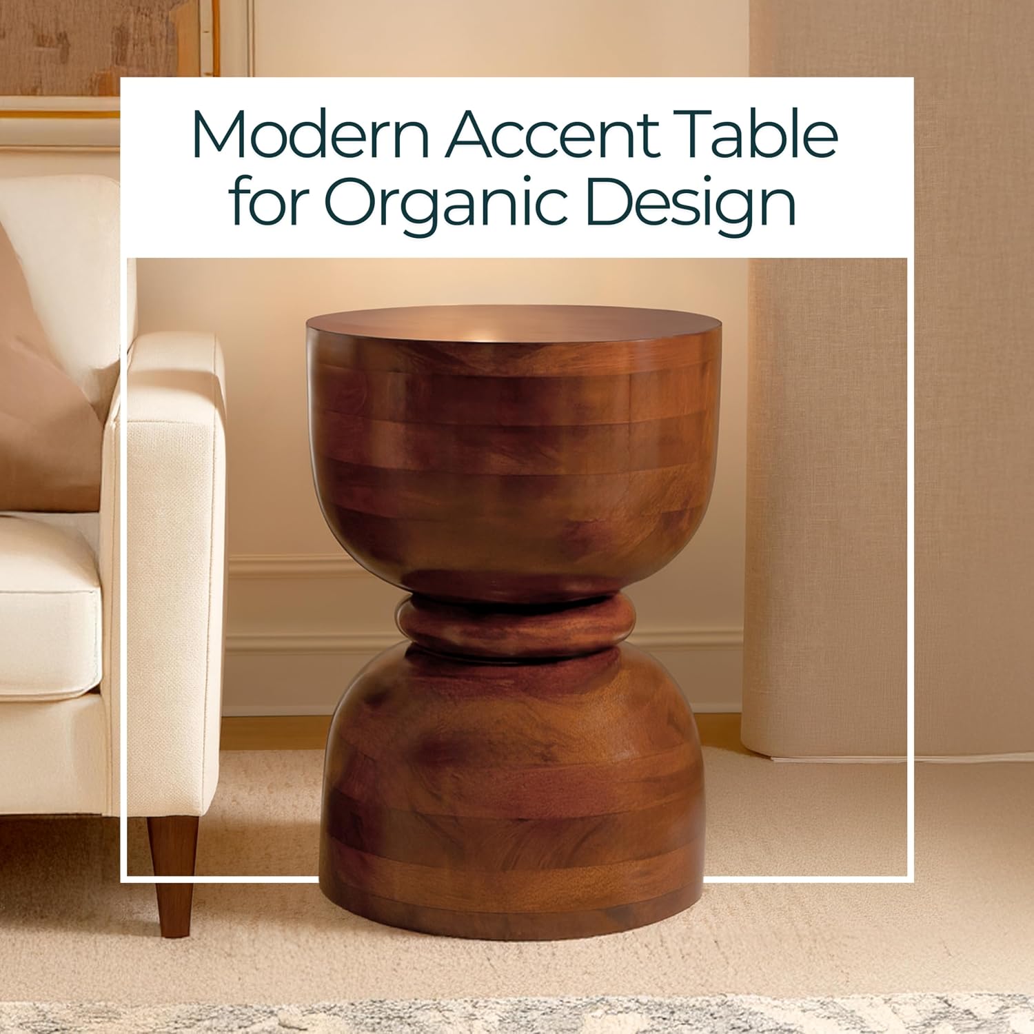 Brown Mango Wood Accent Table with Natural Wood Grain Finish – Unique Hourglass Round Side Table for Living Room, Bedroom, Office, & Home Decor – 13 x 18 Inches