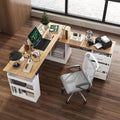 MOUMON L Shaped Standing Desk with Drawers and Shelves, Executive Adjustable Height Desk, L-Shaped Design, 63 inch Tabletop, for Office Oak and White (63'W x 63'D x 28.9-45.3'H)