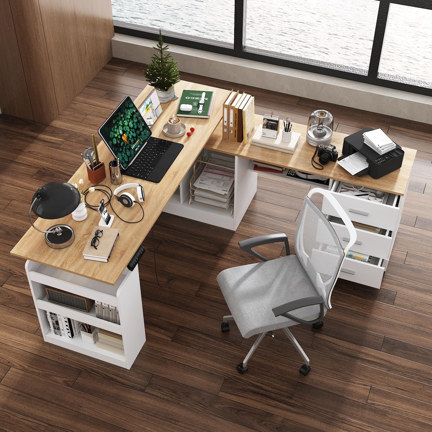 MOUMON L Shaped Standing Desk with Drawers and Shelves, Executive Adjustable Height Desk, L-Shaped Design, 63 inch Tabletop, for Office Oak and White (63'W x 63'D x 28.9-45.3'H)