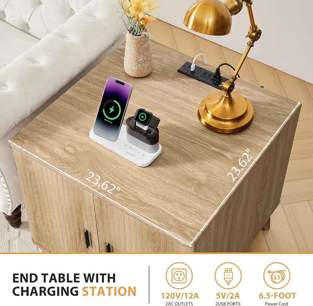Fluted End Table with Charging Station, 2 Door Side Table with Storage, Mid Century Modern Nightstand for Bedroom Bedside, Living Room Couch Sofa, Office, Desk Side Table for Small Spaces-Natural