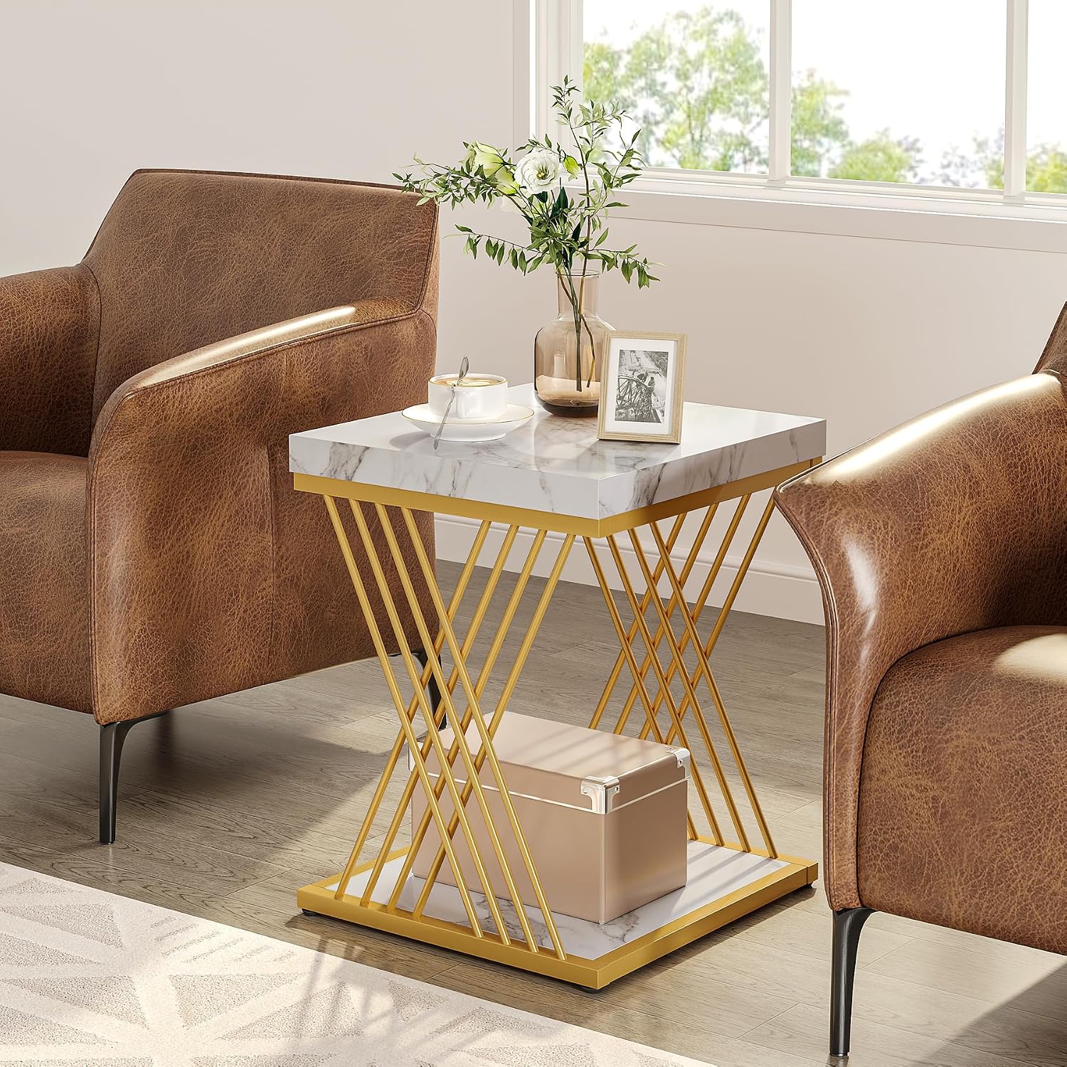 Tribesigns Square End Table White Gold 2-Tier Side Table Modern Small Bedside Tables with Storage for Couch, Sofa Side Tables with Stylish Metal Frame for Living Room (2, Faux Marble White+Gold)